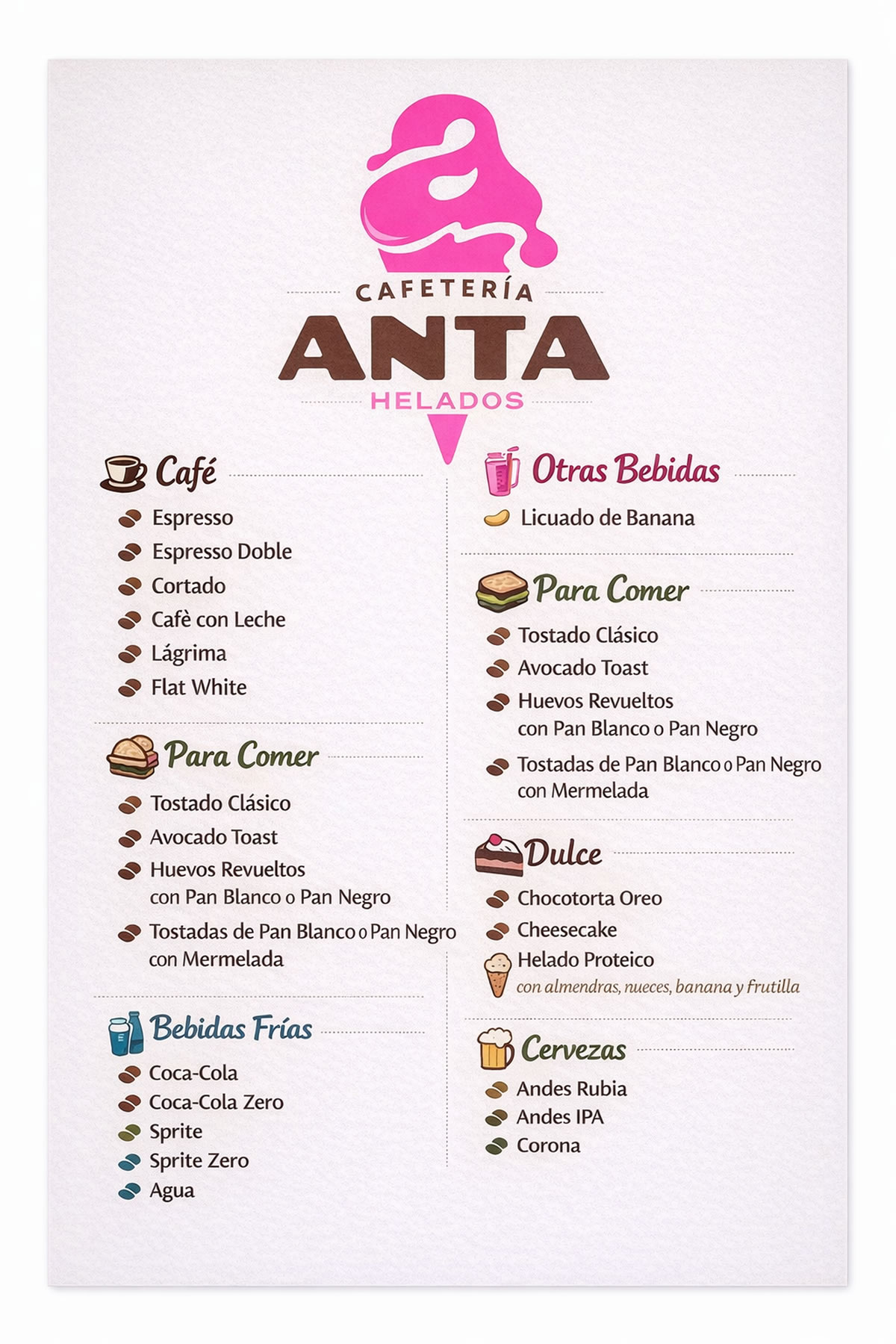 Carta Cafetería Anta Helados